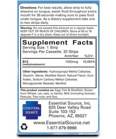 Essential Source Vitamin B12 Strips - 1000 mcg Methylcobalamin - Minty Flavor - 30 Day Supply - Buy Online on GoSupps.com