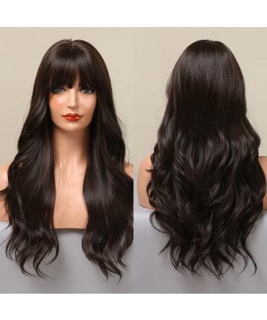 EMMOR Dark Brown Long Curly Wig with Bangs - Water Wavy Synthetic Hair for Parties, Cosplay, and Daily Wear - Buy Online on GoSupps.com