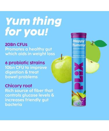 PL'IX - THE PLANT FIX Happy Tummy Pre+Probiotic 15 Effervescent Tablets For Good Gut Digestion Metabolism With 20 Billion CFUs Vital Probiotic Strains Pack of 1 (Green Apple) - Buy Online on GoSupps.com