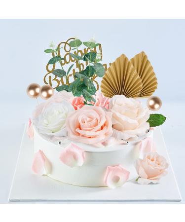 22 Pcs Boho Cake Topper Decorations Vintage Paper Palm Fan Cake Toppers Artificial Rose Flowers Leaves Cake Decorations for Wedding Bridal Baby Shower Birthday Party Supplies