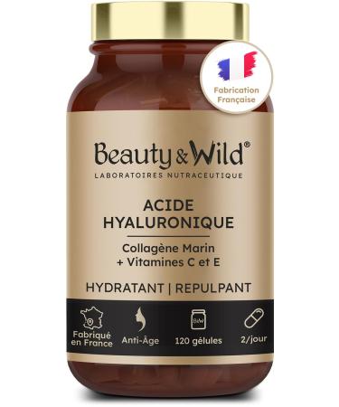Hyaluronic Acid + Marine Collagen + Vitamin C + Vitamin E | Anti-Aging | Anti-Wrinkle | Hydration & Elasticity of the Skin | Made in France | 120 Capsules - 2 Months of Treatment | Beauty & Wild