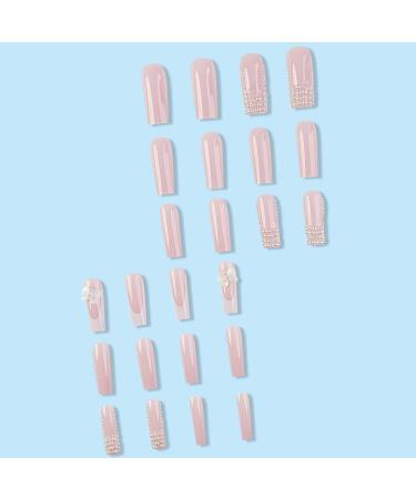 French Tip Press on Nails -Long Square Press On Nails with Nail Tips Pearl French Bow Design pink press on nails Acrylic False Nails Cute Artificial Nails - Buy Online on GoSupps.com