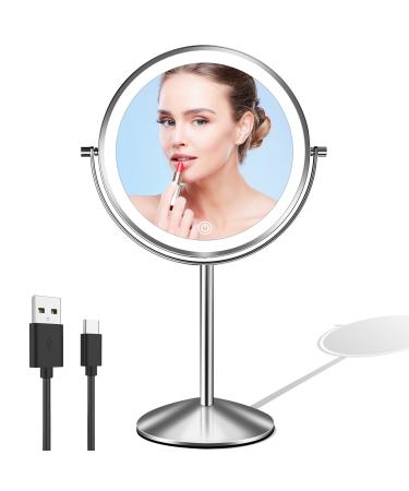 Lighted Makeup Mirror with Magnification, 1X 10X Magnifying Mirror with Light, Rechargeable 8'' HD Double Sided Tabletop Vanity Mirror, 3 Color LED Dimmable Desk Lit Cosmetic Mirror Fashion Silver