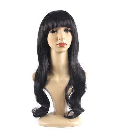 Xiaoyu Flat Bangs Natural Synthetic Long Wigs Curly Wigs - Black by Xiaoyu