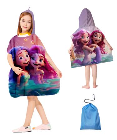 Super soft bathing poncho children microfiber hooded towel for girls and boys 5-10 years towel hood 76x76cm with exquisite mermaid pattern green-03 76x76cm