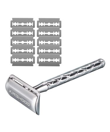 Single Blade Safety Razor - Metal One Blade Razor for Men & Women with 10 Stainless Steel Double Edge Blades (Silver) Silver-2