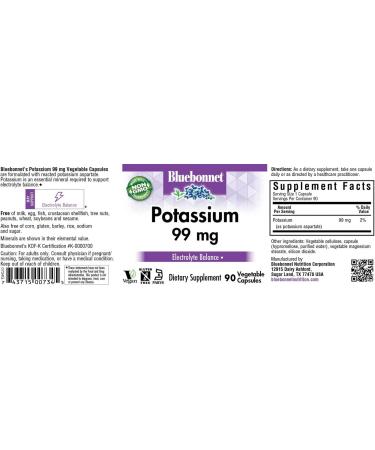 BlueBonnet Potassium 99mg Vegetarian Capsules - 90 Count Pack of 1 | Unflavored - Buy Online on GoSupps.com