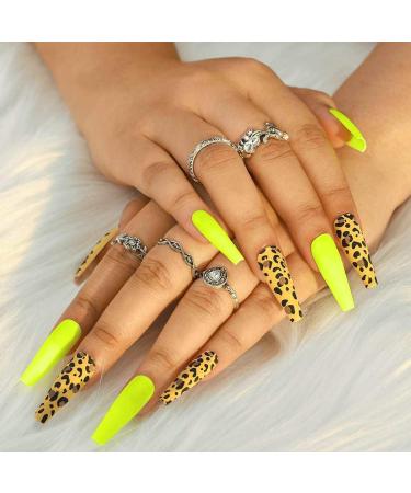 Sethain Matte Black Ballerina False Nails - Long Coffin Press-On Nails with Yellow Leopard Print for Women & Girls - International Shipping Available - Buy Online on GoSupps.com