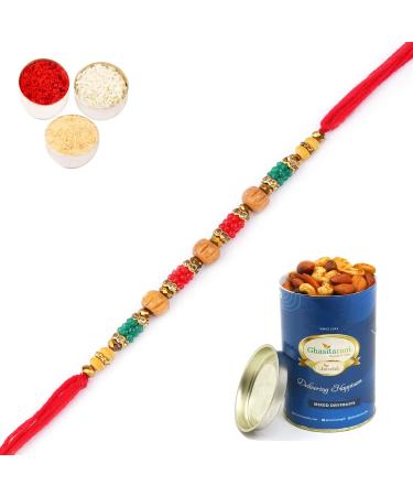 Ghasitaram Gifts Rakhi for Brother Rakhis Online - 7086 Fancy Thread Rakhi with 100 GMS of Dryfruits Mix Can