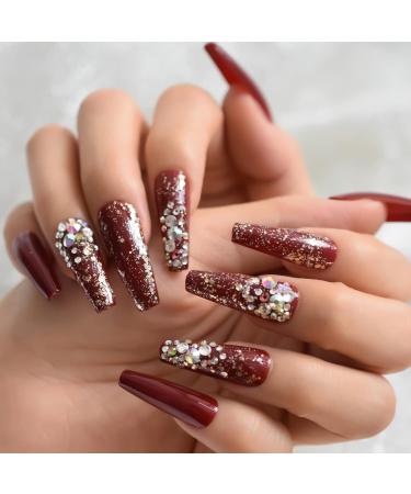 Shop Burgundrot Glitter Sequin Press-On Nails with Tiny Diamond Gems - 24-Piece Full Cover Long Coffin Art Kit - Buy Online on GoSupps.com