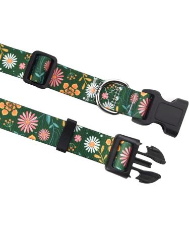 Adjustable Mihqy Dog Collar - Soft Comfort Nylon for Small & Medium Dogs | Dark Green Flower Design (L: Neck 38-63 cm Width 2.5 cm) - Buy Online on GoSupps.com
