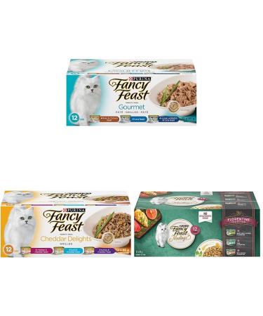 Fancy Feast Wet Cat Food Gourmet Variety Pack 85 g Cans & Fancy Feast Wet Cat Food Cheddar Delights Grilled Variety & Fancy Feast Wet Cat Food Elegant Medleys Florentine