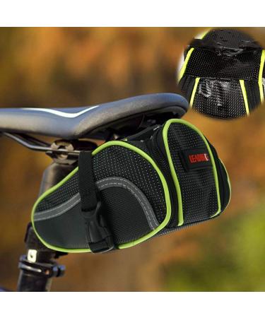 Ryhpez Bike Saddle Bag, Bicycle Bag Back Seat Pouch Mountain Bike Pocket Pack Waterproof Strap-on Seat Bag for Outdoor Night Safety Ride, Convenient with Reflective Stripes - Green