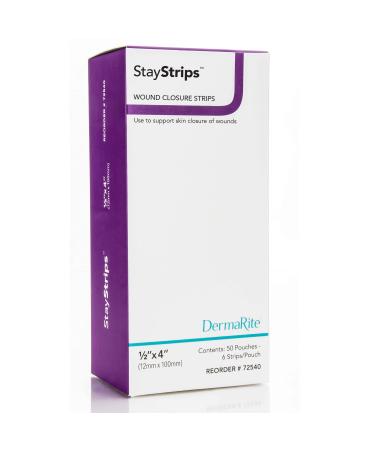 StayStrips Wound Closure Strips 1/2 x 4  Hypoallergenic Adhesive Flexible Moisture & Air Permeable Helps Reduce Scar Formation for Primary & Secondary Closure 50 Pouches / 6 Strip (300 Strips)