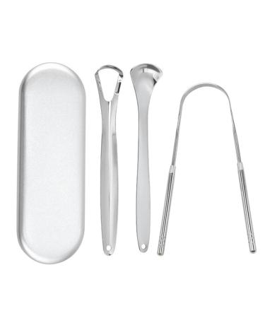 WILsem Stainless Steel Tongue Scraper Tongue Cleaner Brush Fresh Breath with Travel Box 3 Sets Silver