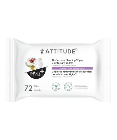 ATTITUDE All-Purpose Cleaning Wipes Disinfectant 99.99% Eliminates Bacteria Germs and Viruses Biodegradable Vegan Household Products Lavender and Thyme 72 Count 72 count (Pack of 1)