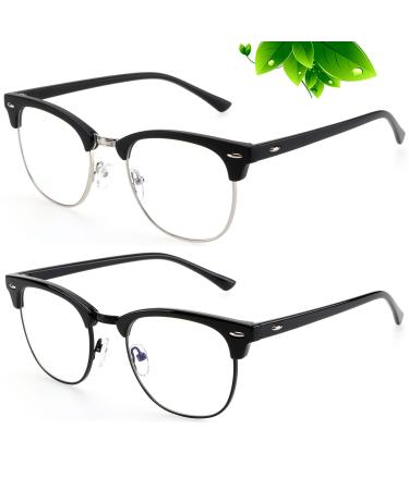 Blue Light Blocking Glasses-2 Pack Classic Semi Rimless Clear Lens Anti Eyestrain Computer Gaming Glasses for Men Women 02-matte Black Frame Silvery Rim + Glossy Black Frame Black Rim