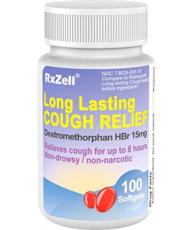RXZELL Adult Cough Relief, Dextromethorphan HBr 15mg (100 Softgels), 8 Hour Long Lasting, Non-Drowsy, Cough/Bronchial Suppressant 100 Count (Pack of 1)