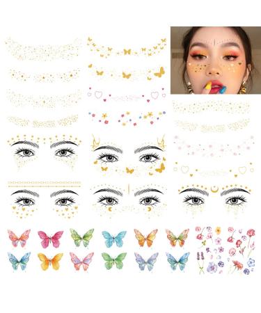 DIVAWOO 32 Sheets Face Temporary Tattoo, 20 sheets Glitter Metallic Freckle Tattoos, 12 PCS Butterflies Fake Tattoos Stickers for Festival Makeup Rave Accessories