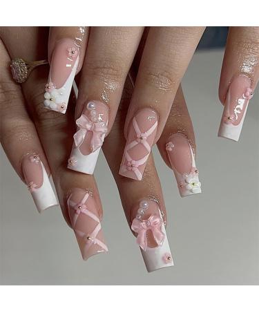 TQUXNGA Press on Nails Medium Long Craft False Nails Square 3D Flower Bowknot French Artificial Nails Finger Manicure Kit included - Buy Online on GoSupps.com