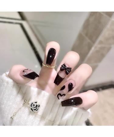 Black French Tip Press on Nails Medium Coffin Fake Nails Valentines Day Heart Acrylic Nails Full Cover False Nails with Rhinestones Designs Glossy Artificial Nails Nail Accessories for Women Girls Medium Style6