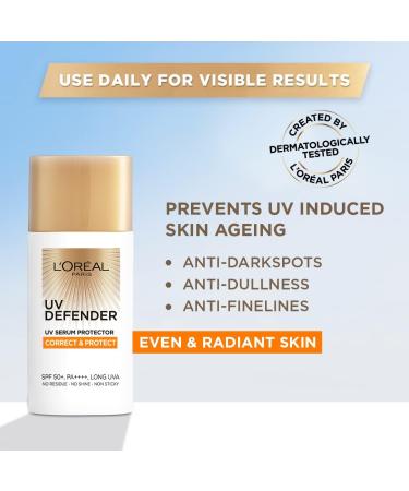 L Or al Paris Sunscreen Non-Greasy Anti-Ageing Sunscreen With Vitamin C UVA & UVB Protection With SPF 50 PA+++ Correct & Protect UV Defender Serum Protector 50 ml - Buy Online on GoSupps.com