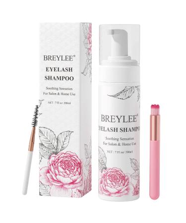 Eyelash shampoo Breylee eyelash care eyelash care for salon and home use eyelash extension eyes make-up remover with 2 brushes (200ml 7 fl oz) 200 ml (1 Pack)