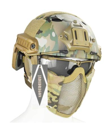 Jadedragon PJ Tactical Fast Helmet & Protect Ear Foldable Double Straps Half Face Mesh Mask & Goggle CP