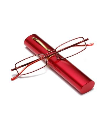 Hubeye portable metal reading glasses flexible light vision feather hinge classic unisex reading aid glasses with case 1.00 red 1.0 dioptria