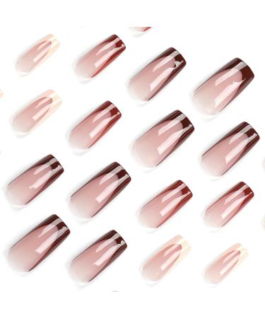 Brown Press on Nails - Medium Long Square Glossy Fake Nails | Reusable Brown French Tip Acrylic Nails | 24Pcs DIY Autumn Coffin Nails for Women & Girls - Buy Online on GoSupps.com
