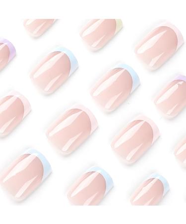 24Pcs Press On Nails - Square Fake Nails with Glue Full Cover - False Nails Tips Set with Glue & DIY Tools - For Women Girls Removable False Nails Art (French with Rainbow Color Design) - Buy Online on GoSupps.com
