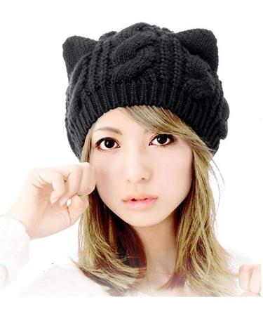 UmbWorld Women Girls Boys Teens Cute CAT Kitty Ears Hats, Winter Warm Woollike Knitted Crochet Christmas Ski Beanie Headgear Black