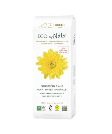 Eco by Naty Sanitary Pads Plantbased and Absorbent Sanitary Pads for Women Organic Cotton Menstrual Product Better for Feminine Health (Super 12 Count) Super (12 Count)