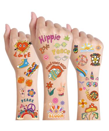 Hippie Tattoos Stickers for Kid Women  Hippie Assorted Groovy Temporary Tattoos Hippie Love and Peace Sign Waterproof Face Body Fake Tattoos Multi Patterns Hippie Party Favor Supplies 10 Sheets