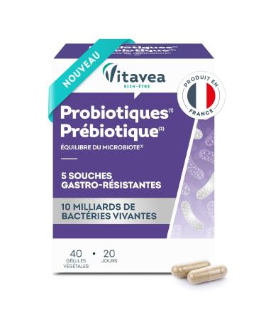 VITAVEA BIEN-ETRE - Probiotiques Pr biotique - Probiotique Flore Intestinale - Equilibre intestinal et digestif - 5 souches probiotiques & pr biotique - 40 g lules - 20 jours - Fabriqu en France Probiotiques Pr biotiques
