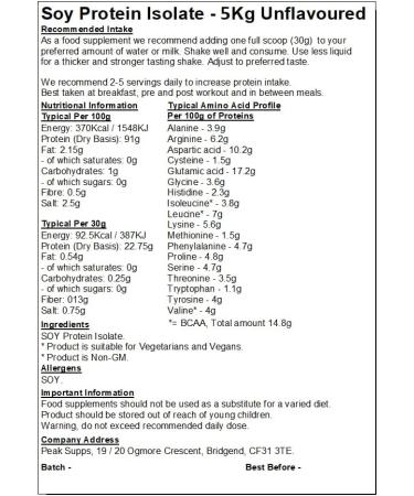 Soy Protein Isolate 5kg (Unflavoured) - 90% Protein | Vegan | Dairy Free | Plant Based 5kg (1kg Bag x5) - Buy Online on GoSupps.com