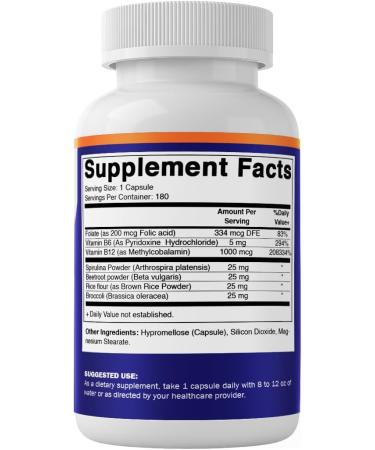 Vitamatic Vegan B12 1000 mcg - Methyl B12 with Folic Acid Vitamin B6 Spirulina Beet Root Broccoli & Brown Rice - Supports Healthy Mood Energy Heart & Eye Health - 180 Capsules - Buy Online on GoSupps.com