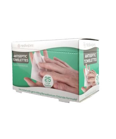 25 Large Antiseptic Wipes Individually Packaged Towelettes BZK Benzalkonium Chloride (Non Alcohol) with Dispenser Box great for first aid cabinets