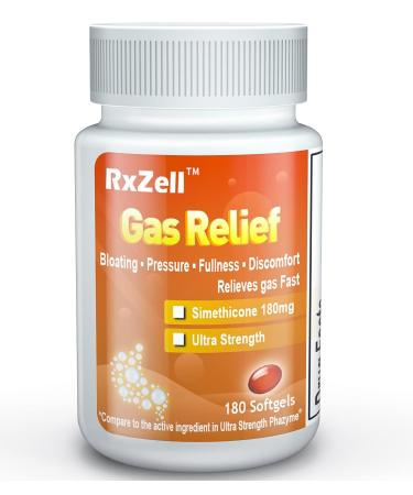 RxZell Gas Relief, Ultra Strength Simethicone 180mg, 180 Softgels - Anti Flatulence Relieves Gas Fast, Bloating Aid, Stomach Discomfort, Fullness and Pressure Relief Pills - Generic Phazyme 180 Count (Pack of 1)