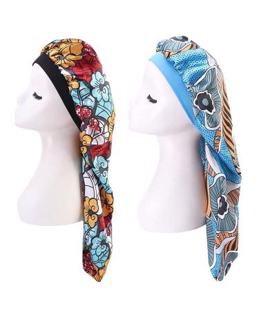 2PCS Extra Long Satin Bonnet Sleep Cap Long Bonnet for Braids Hair Loose Cap (Blue Flowers+Colorful Clouds)