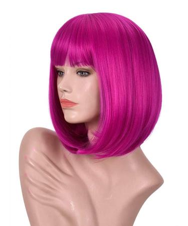 Annivia Hot Pink Short Bob Wig with Bangs - 12 inch Synthetic Straight Wig for Women - Halloween Cosplay Party Natural Hair-Like Wig (Hot Pink) - Buy Online on GoSupps.com