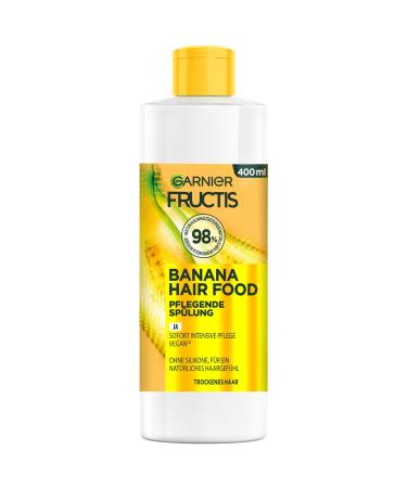 Garnier fructis nourishing bananas conditioner for dry hair for more gloss and smoothness mixture of 98% ingredients of natural origin without parabens vegan formula 400ml hair food banana rinsing