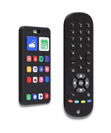 Remote control & telephone bite ring-100% silicone baby toy set in remote control and cell phone form BPA-free for boys & girls without electronics |Broemba Como - 2 pieces of remote control & telephone (black)