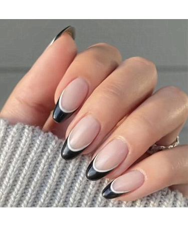 Black French Tip Press on Nails Set - 24 Pieces Short Almond Gel Fake Nails for Women - Cute Natural Oval False Nails - Glue On Nude French Nail Design - Buy Online on GoSupps.com