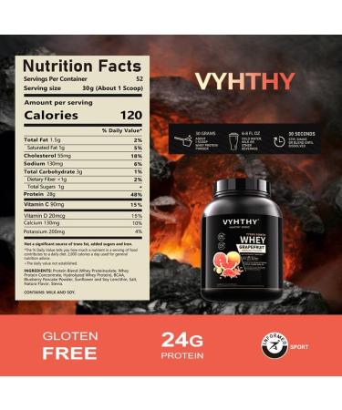 VYHTHY Grapefruit Flavored Whey Protein Powder 24g Protein per Serving Fast-Absorbing Concentrated whey Protein Low Sugar Gluten-Free Natural Flavor 3.5lbs(56oz) - Buy Online on GoSupps.com