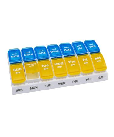 Ezy Dose Weekly (7-Day) AM/PM Pill Organizer, Vitamin and Medicine Box, Large Pop-Out Compartments, 2 Times a Day, Yellow and Blue Lids