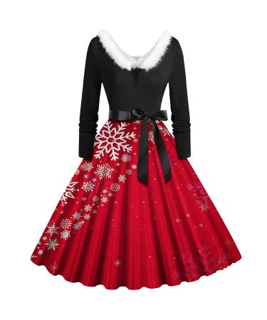 Hanxiulin Christmas skirt for women print long -sleeved sweater dress sexy party dress dress with bag top long -sleeved shirt top hooded sweater sweatshirts dress Christmas dresses red m