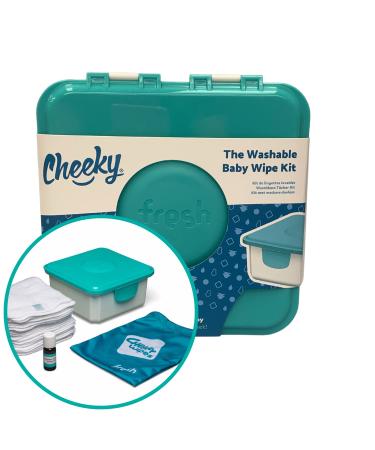 Cheeky Wipes Reusable Mini Wash Kit - 25 Washable White Cotton Terry Wipes 15x15cm For Nappy Users Includes Fresh Soaking Box Fresh Waterproof Travel Bag Fresh Essential Oil Baby Wipes Soaking Solution 10ml