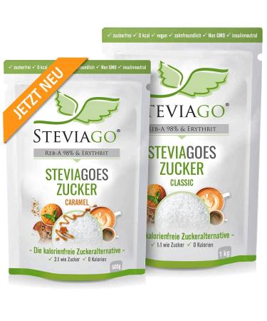 Steviagoes Sugar - Classic (Neutral) & Caramel (caramel aroma) - The calorie -free sugar substitute from Erythrit & Steviolglycosids (98% Reb -A) Vegan suitable for diabetics & ketogenic diet 1.5kg - Buy Online on GoSupps.com
