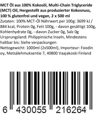FOODIN MCT 1000ml (2 x 500ml) Coconut Oil 100% Multi-Chain Coconut Oil (MCT) Made from Coconut Produced 100% Gluten Free and Vegan  - Buy Online on GoSupps.com